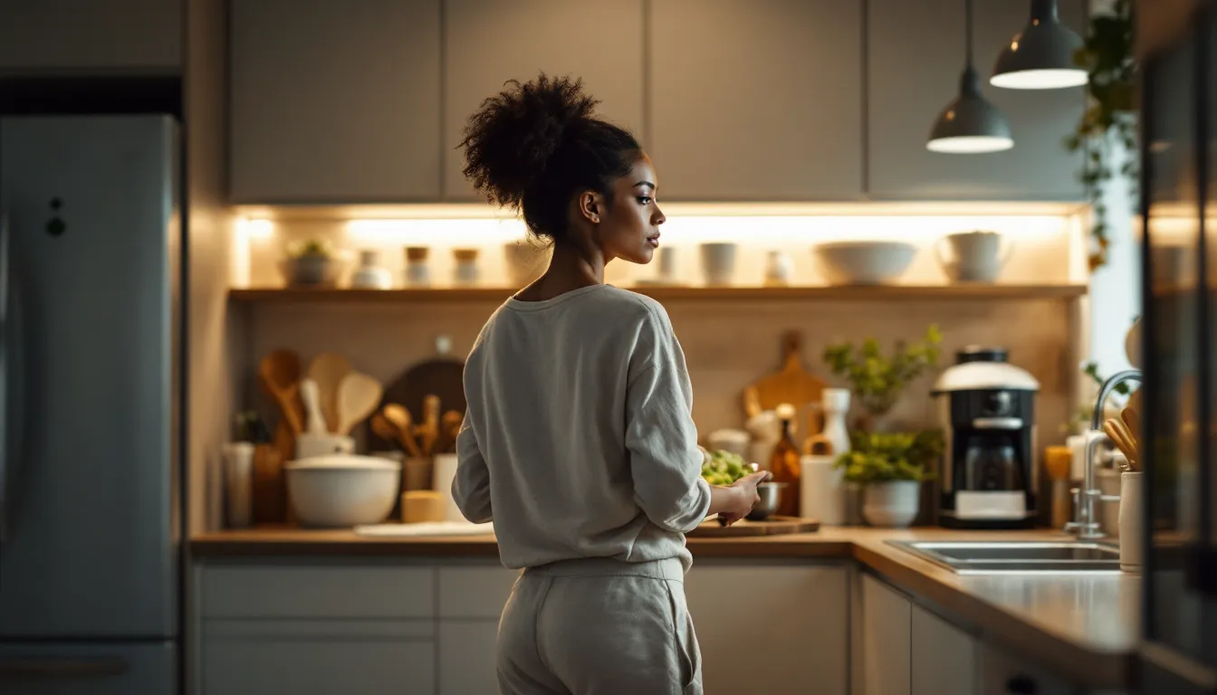 Woman kneeling by open kitchen cabinet reading a cleaning product label with notebook.