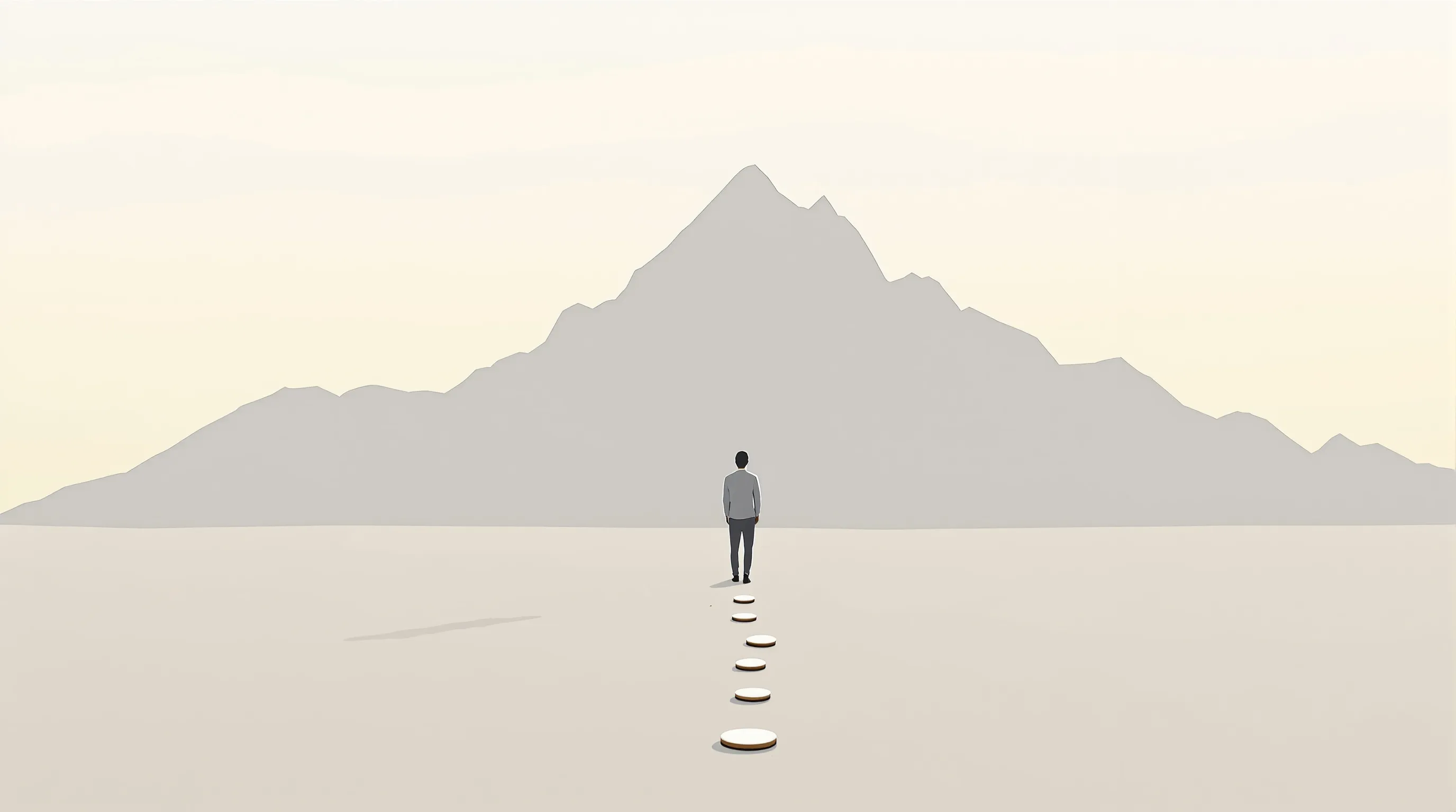 Minimal silhouette of person facing geometric mountain with stepping stones leading upward.