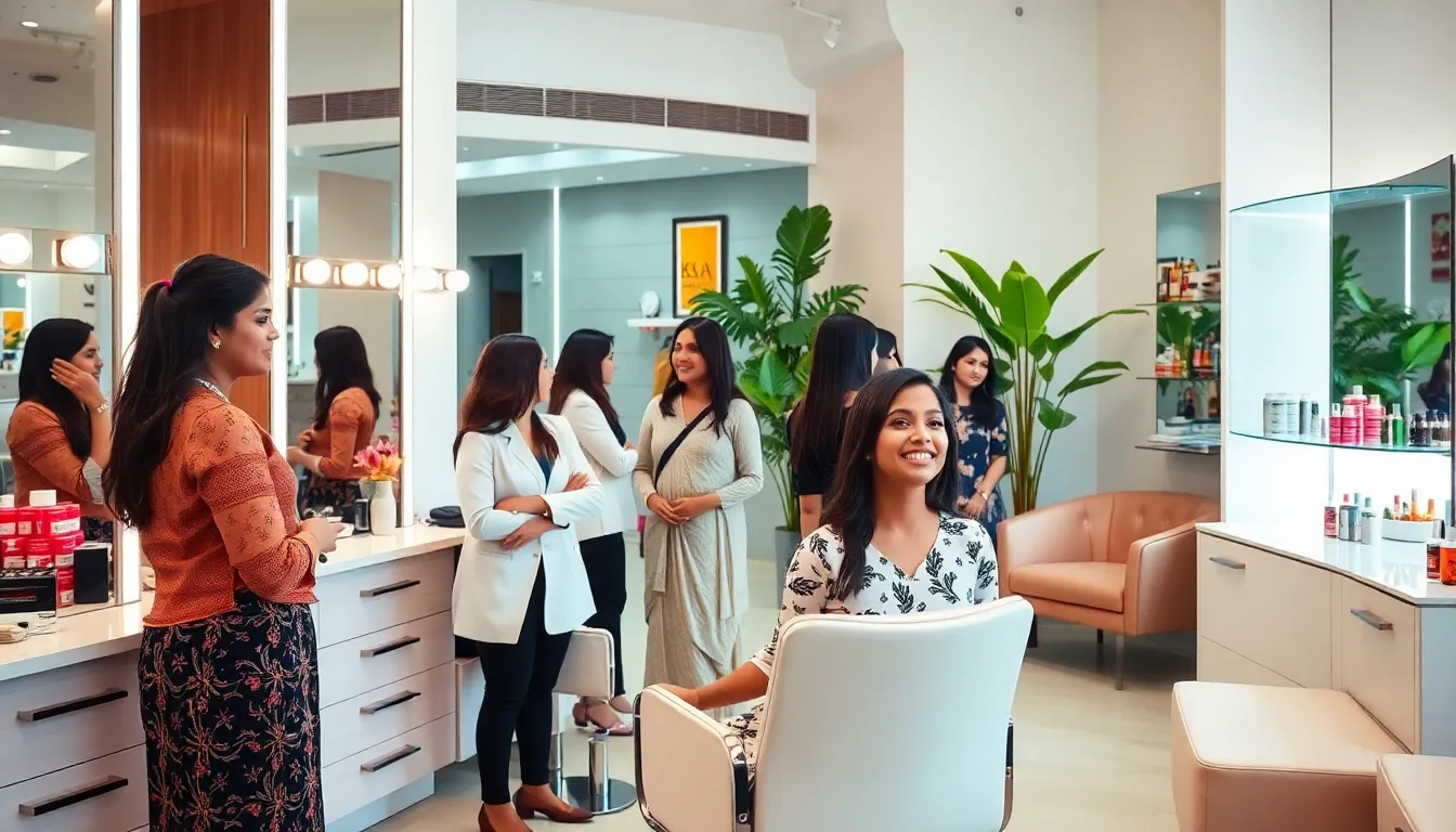 stylish beauty parlour with diverse professionals and elegant decor.