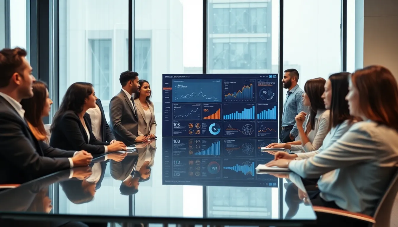 diverse professionals discussing telecommunications data in a modern office.