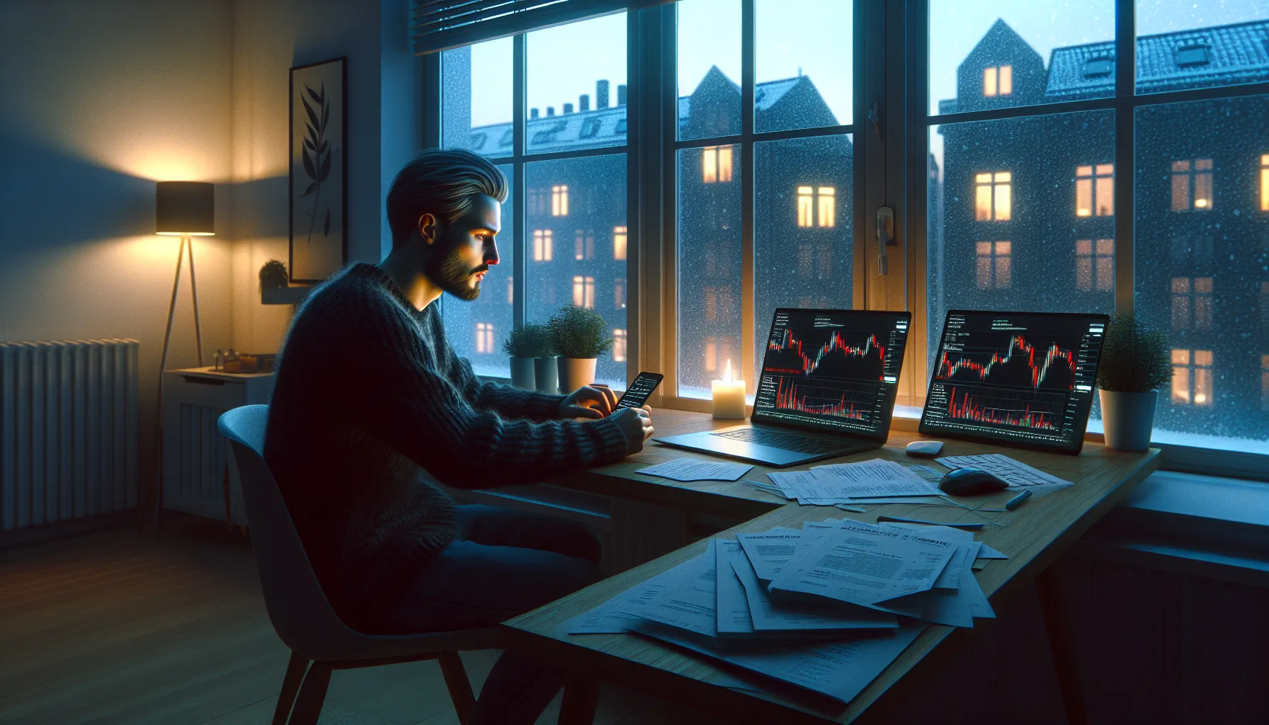 Young norwegian man worries over crashing cryptocurrency charts and risk warnings at home.