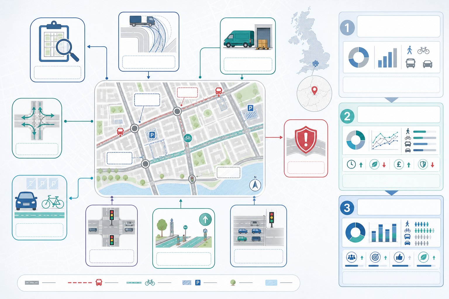 Infographic of traffic engineering services, transport reports, junctions, and parking in Fulham.