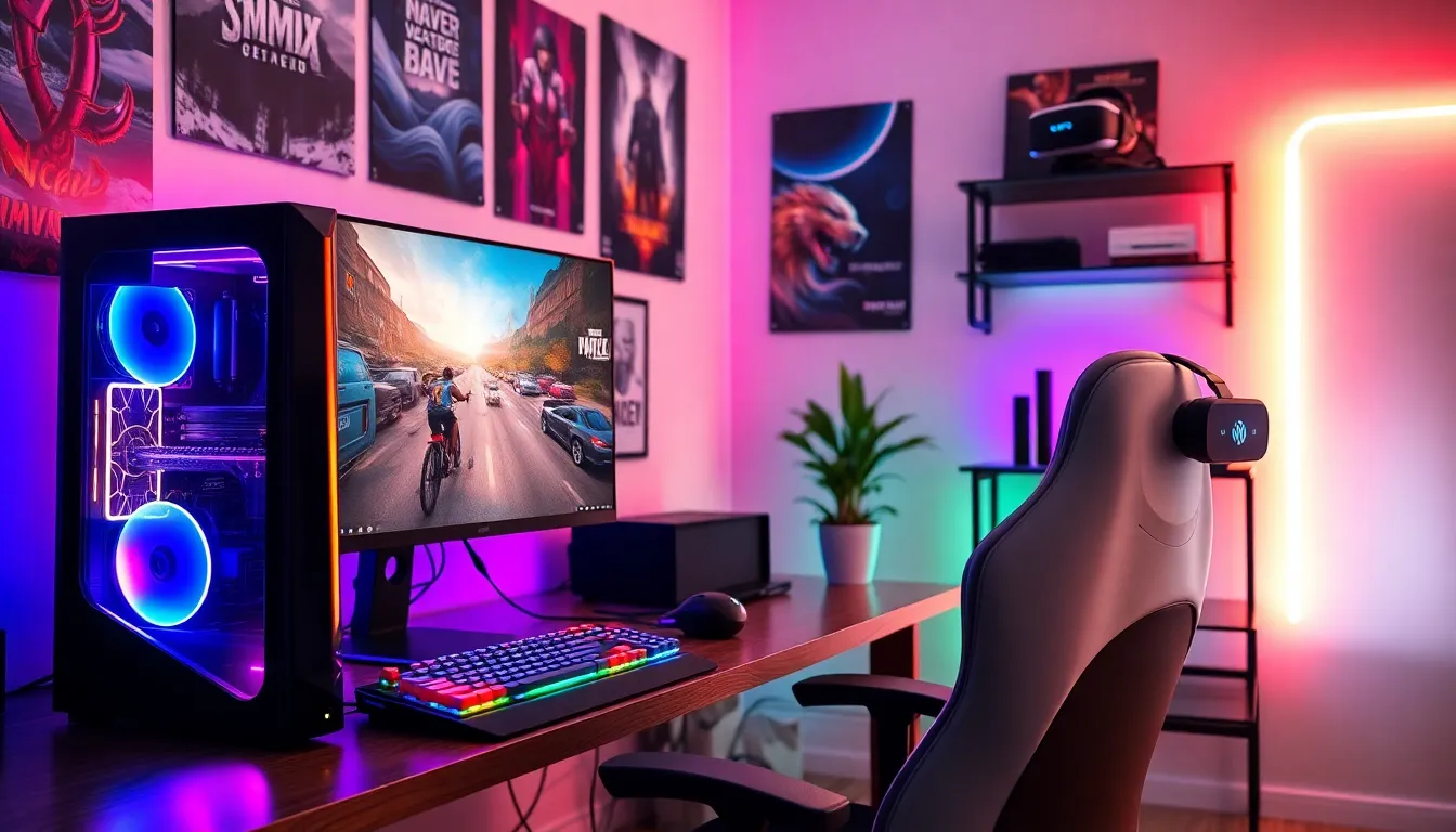 a modern gaming setup with a high-tech PC and colorful peripherals.