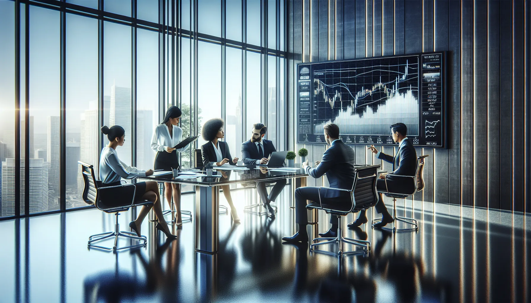 diverse professionals discussing gold exchange rates in a modern office.