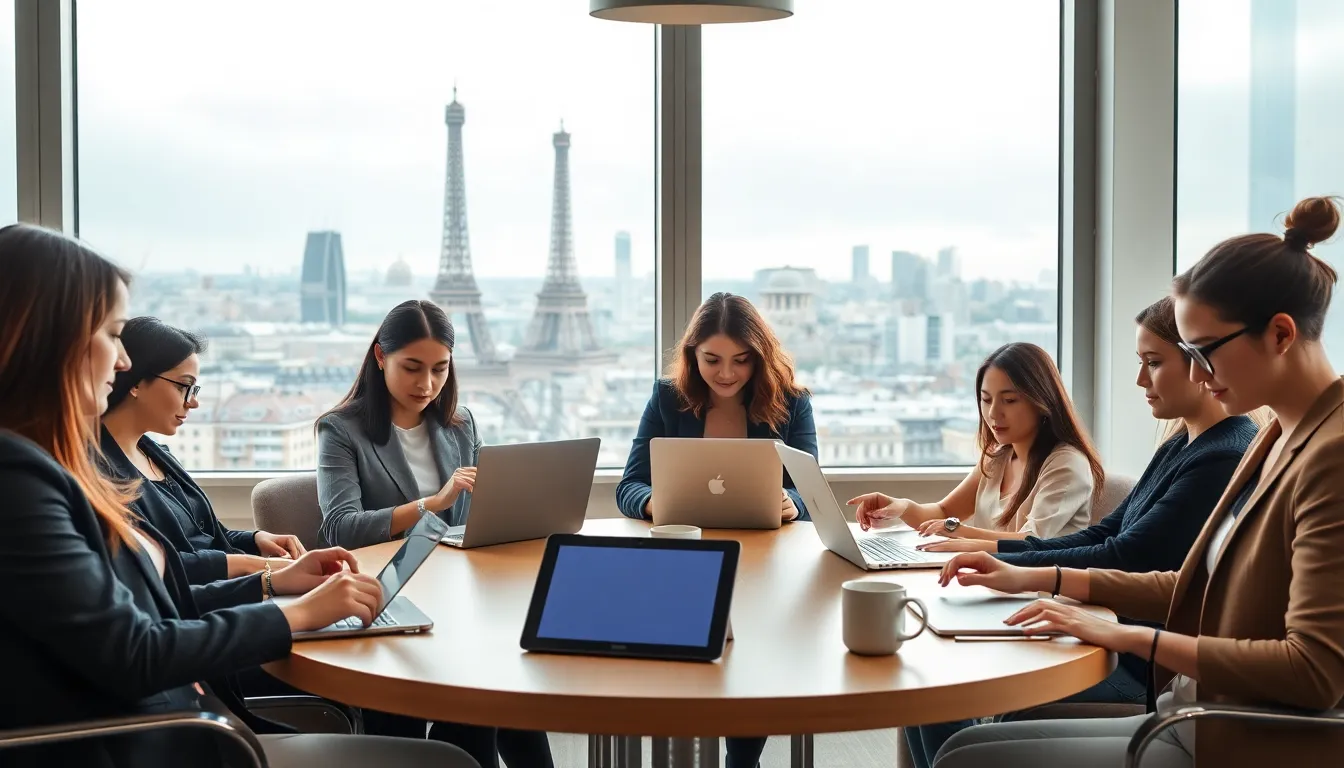diverse professionals working remotely in a Parisian setting.