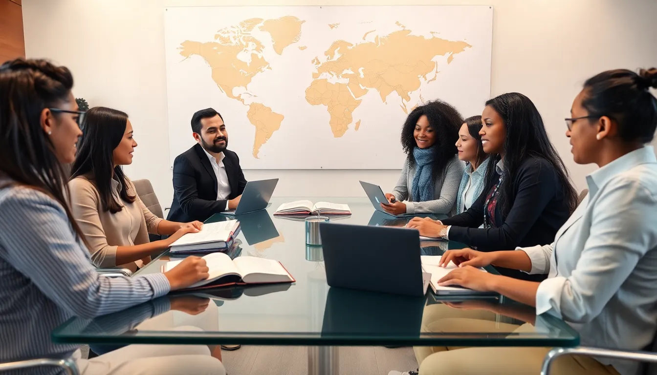 diverse students discussing global affairs in a modern classroom.