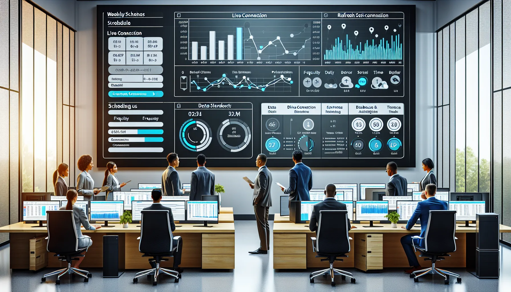 BI professionals managing Tableau refresh schedules on dashboards and a visual calendar.
