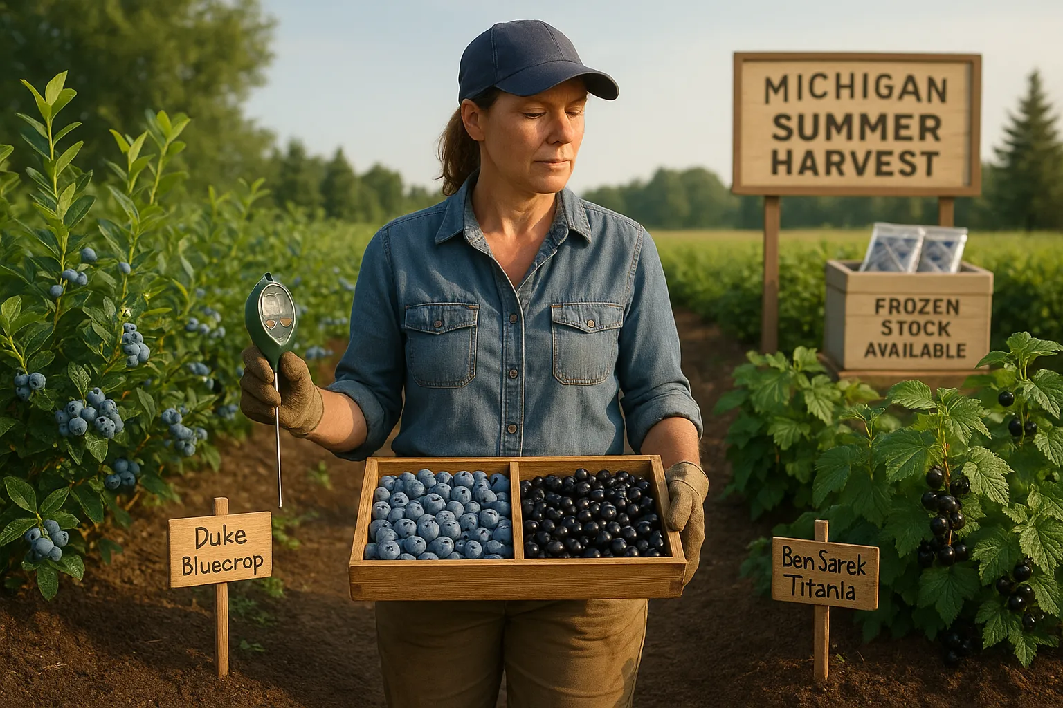 Farmer holding crate split between fresh blueberries and blackcurrants on farm.