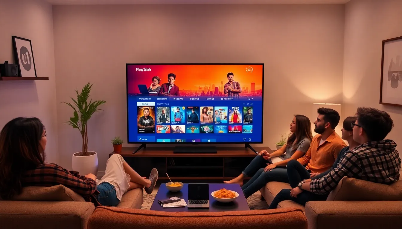 a diverse group enjoying a movie night with Filmy Zillah at home.