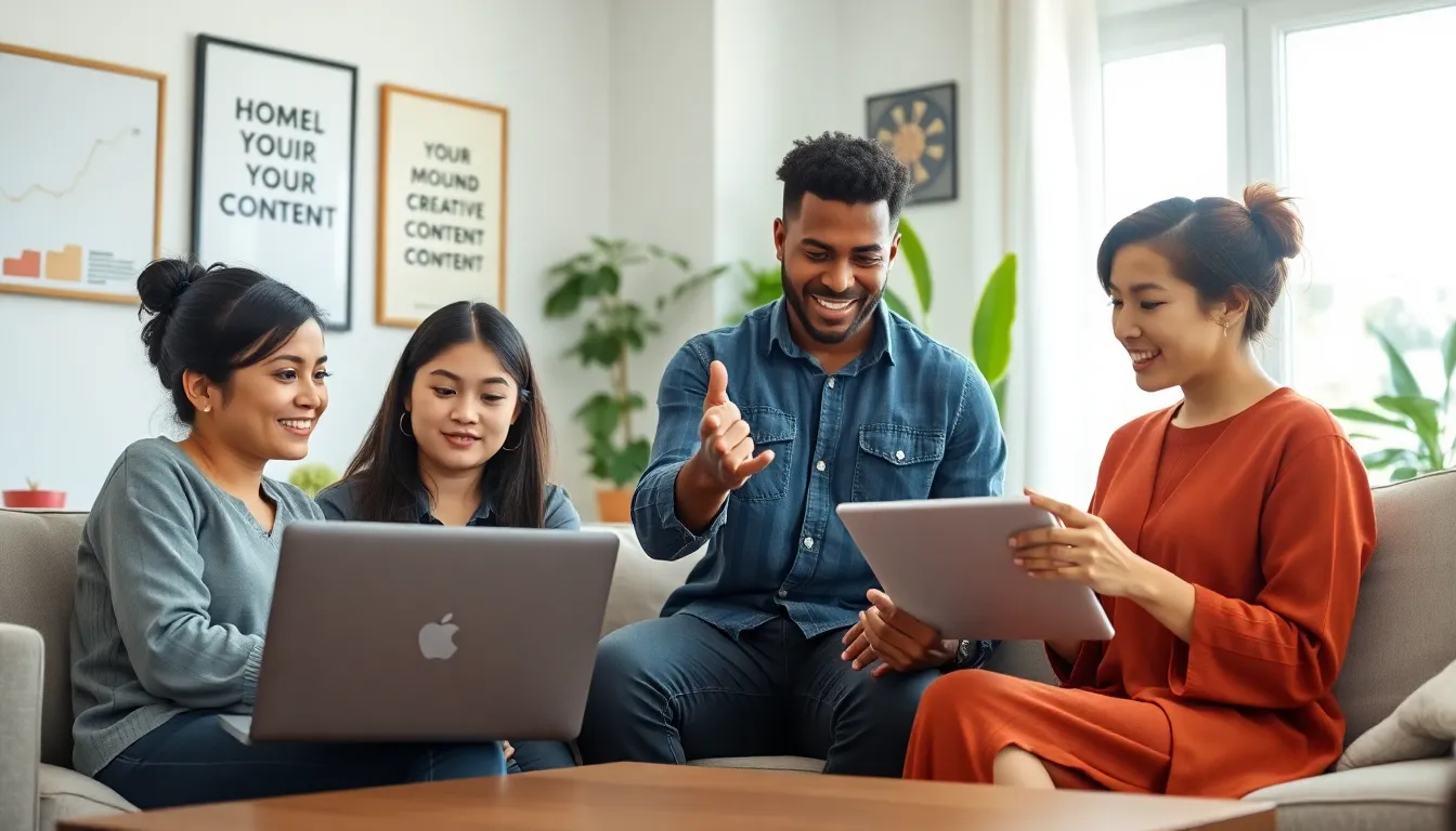 diverse remote team of social media managers collaborating in a modern office.