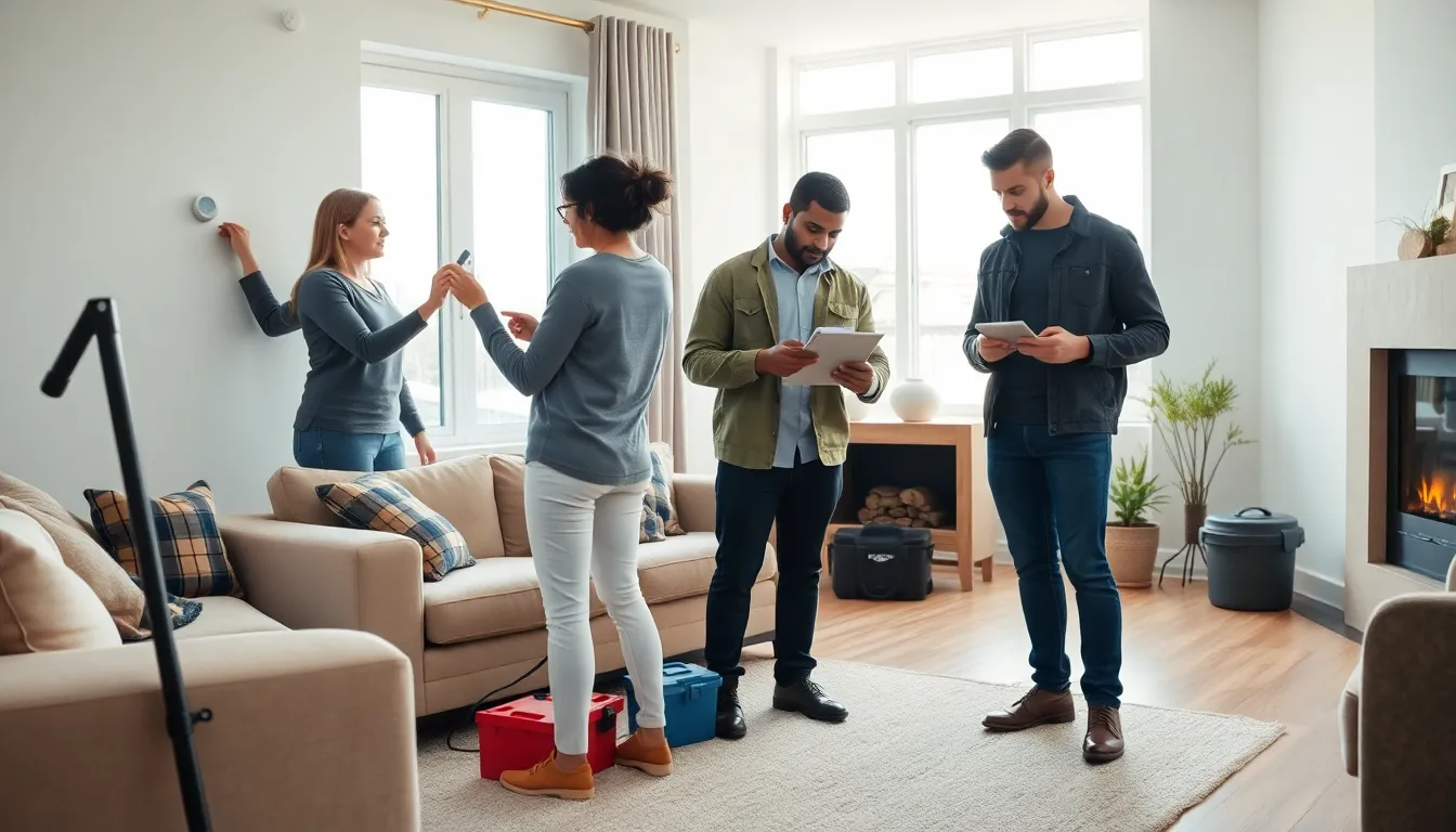 diverse homeowners checking maintenance tasks in a cozy living room.