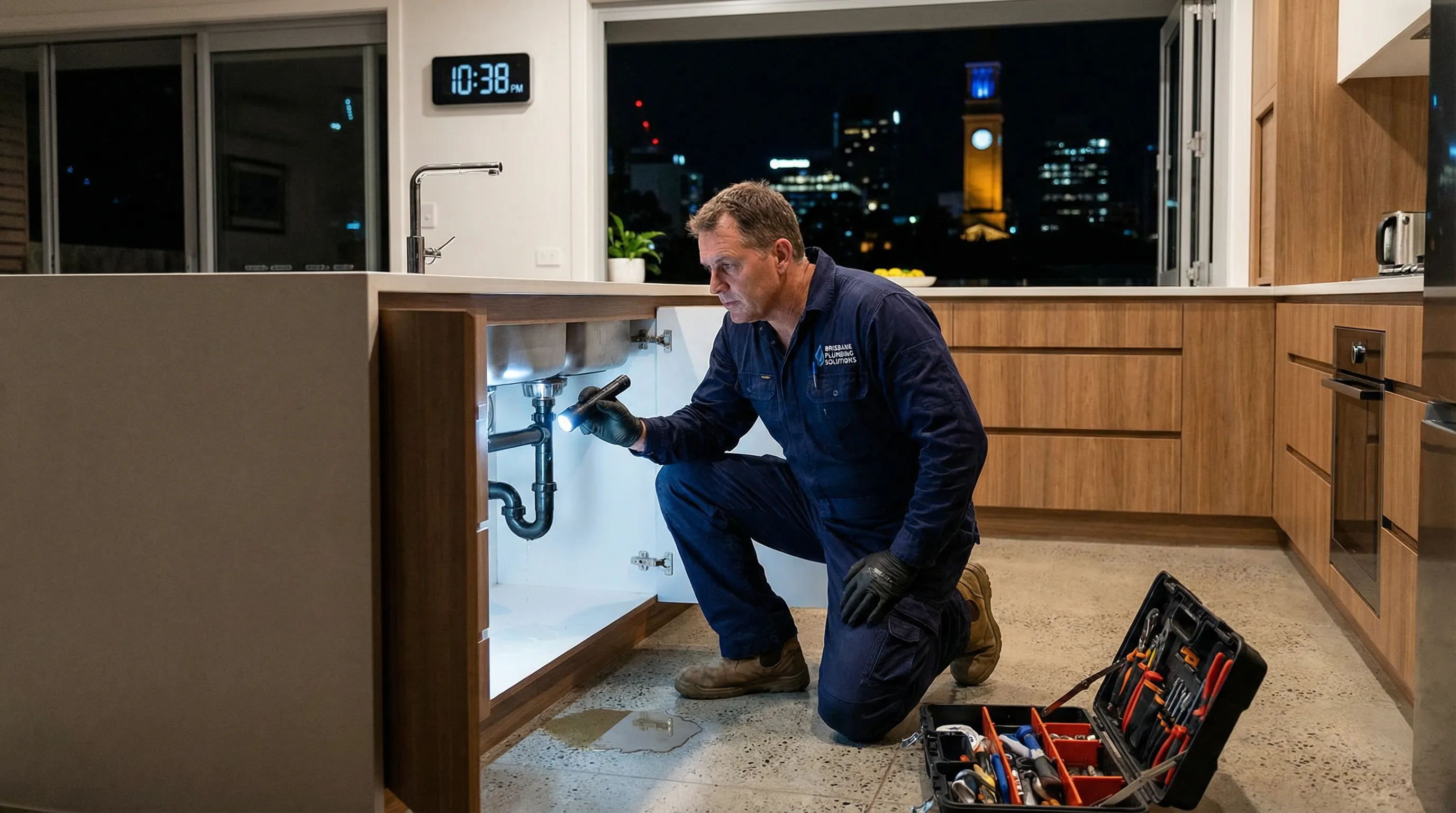 Plumber fixing a kitchen leak at night in a Brisbane home.