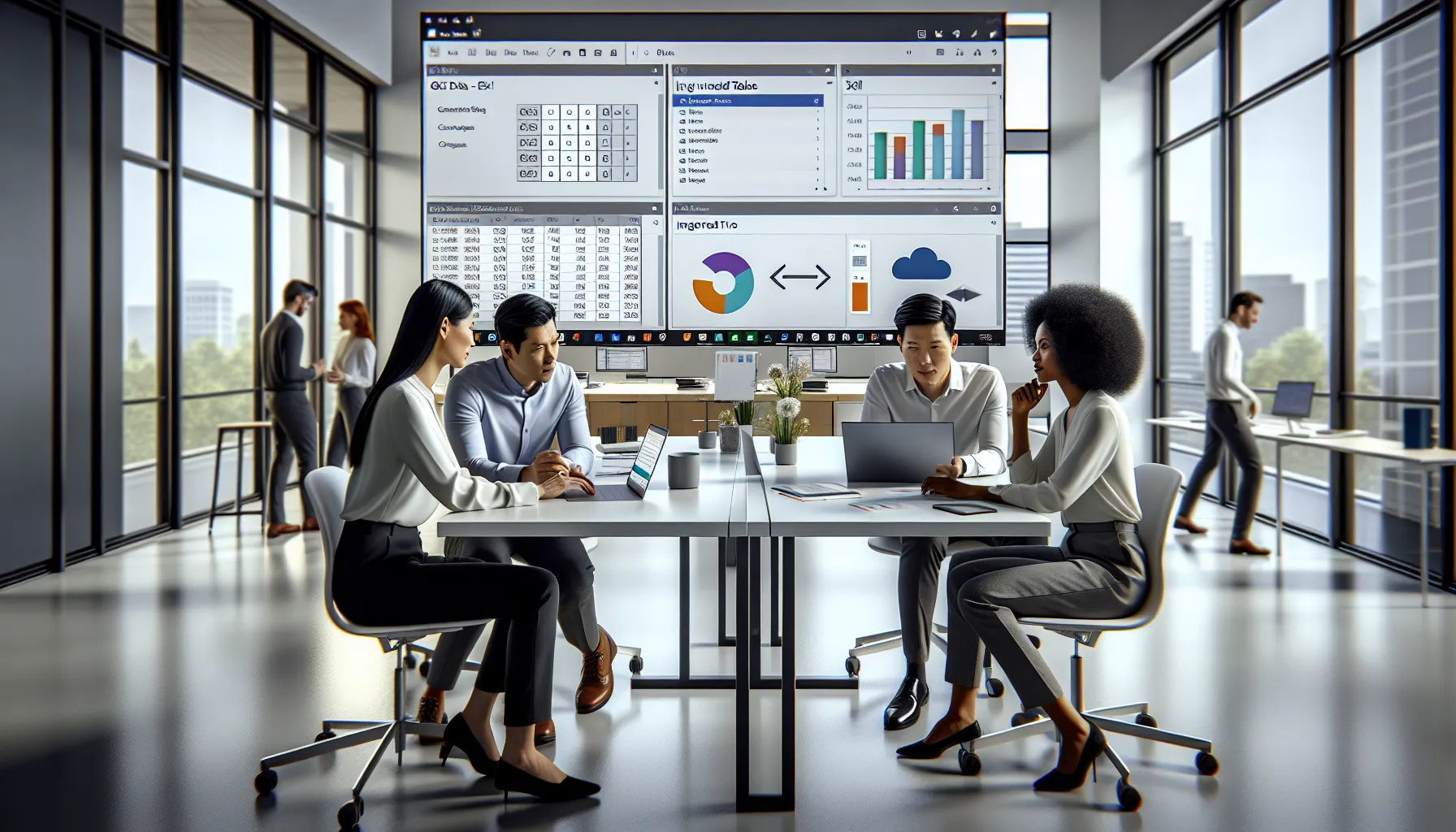 Professionals integrate Excel workbooks with Power BI on large office screens.