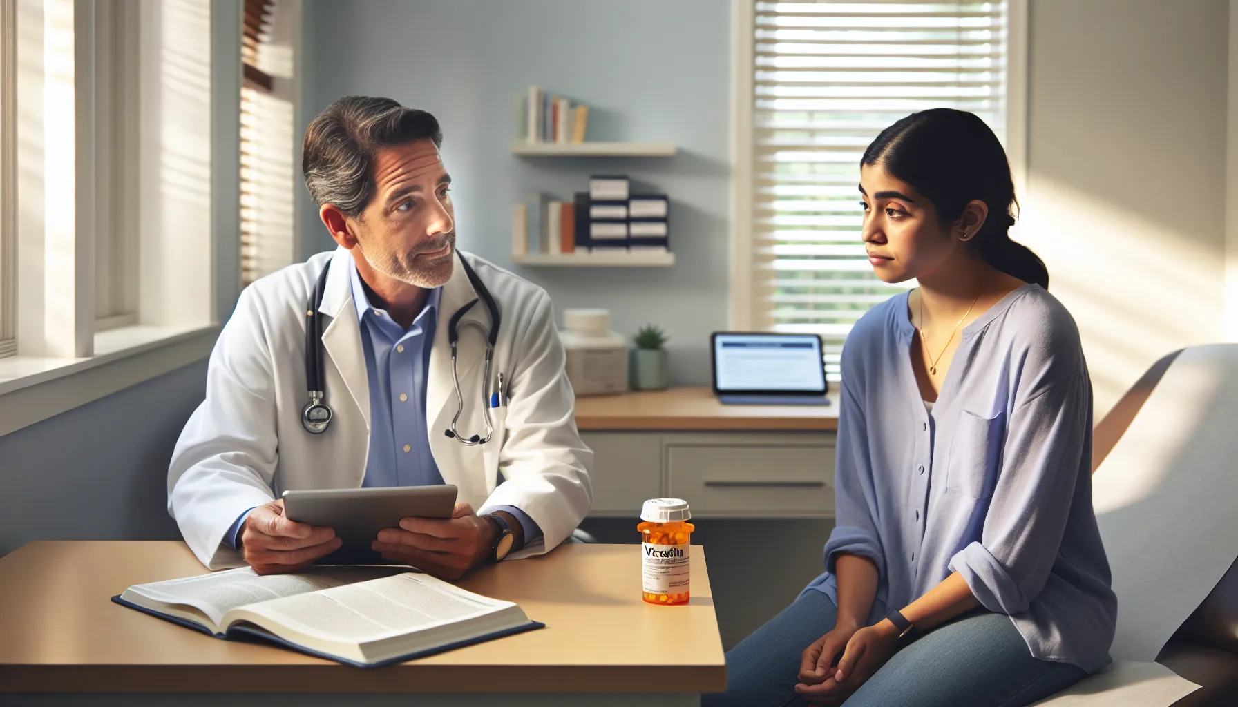 a doctor discussing Vicodin with a patient in a clinical setting