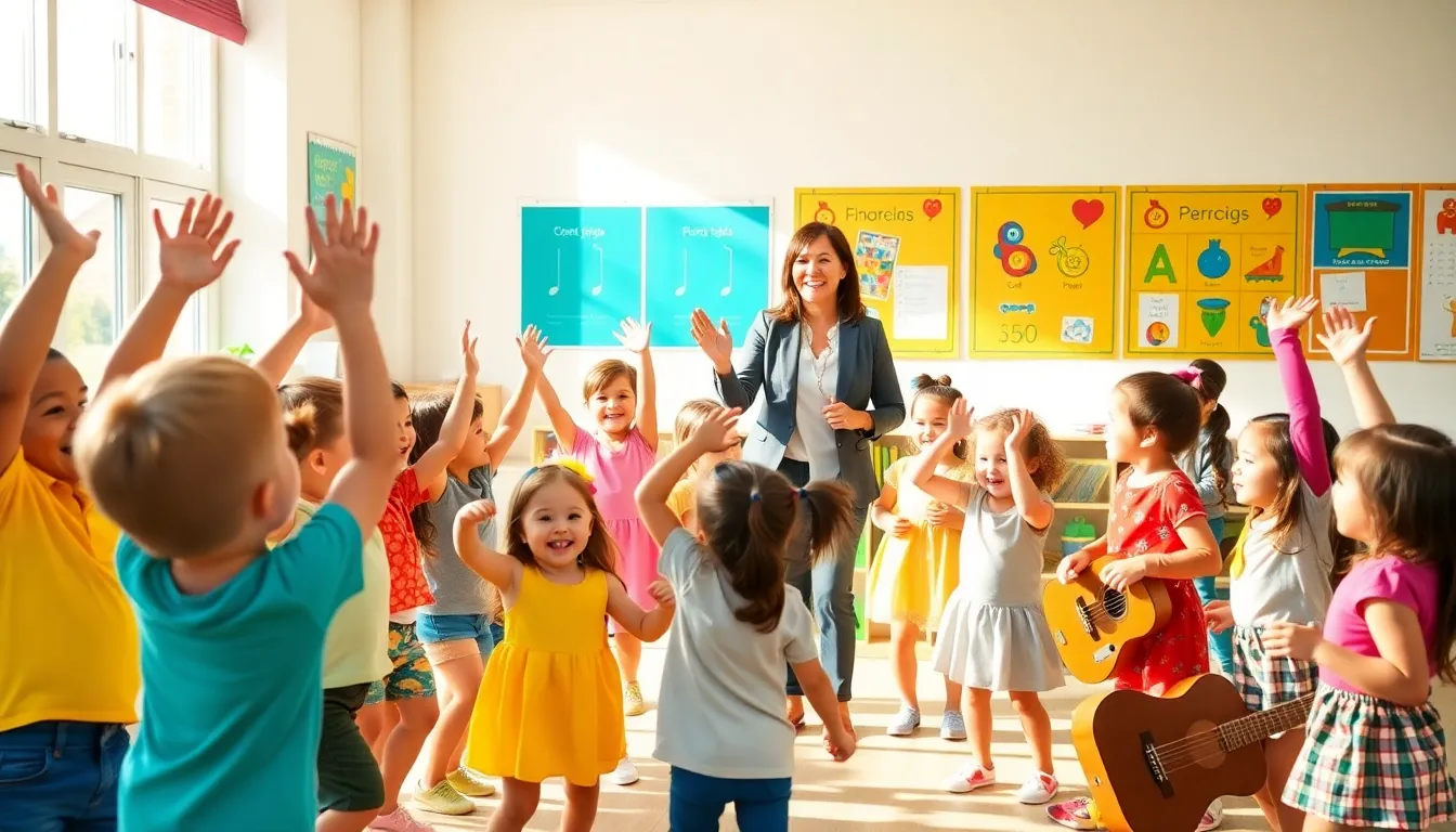 diverse preschoolers engaged in an action song with a teacher in a classroom.
