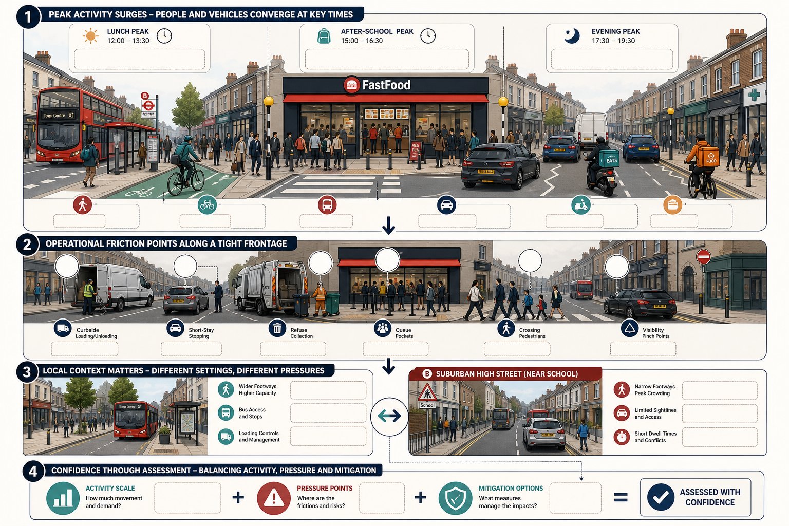 Infographic of fast food high street transport impacts and planning pressure points.