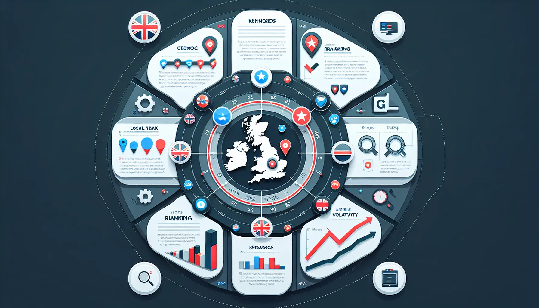 UK-focused SEO rankings tool features in a hub-and-spoke dashboard.