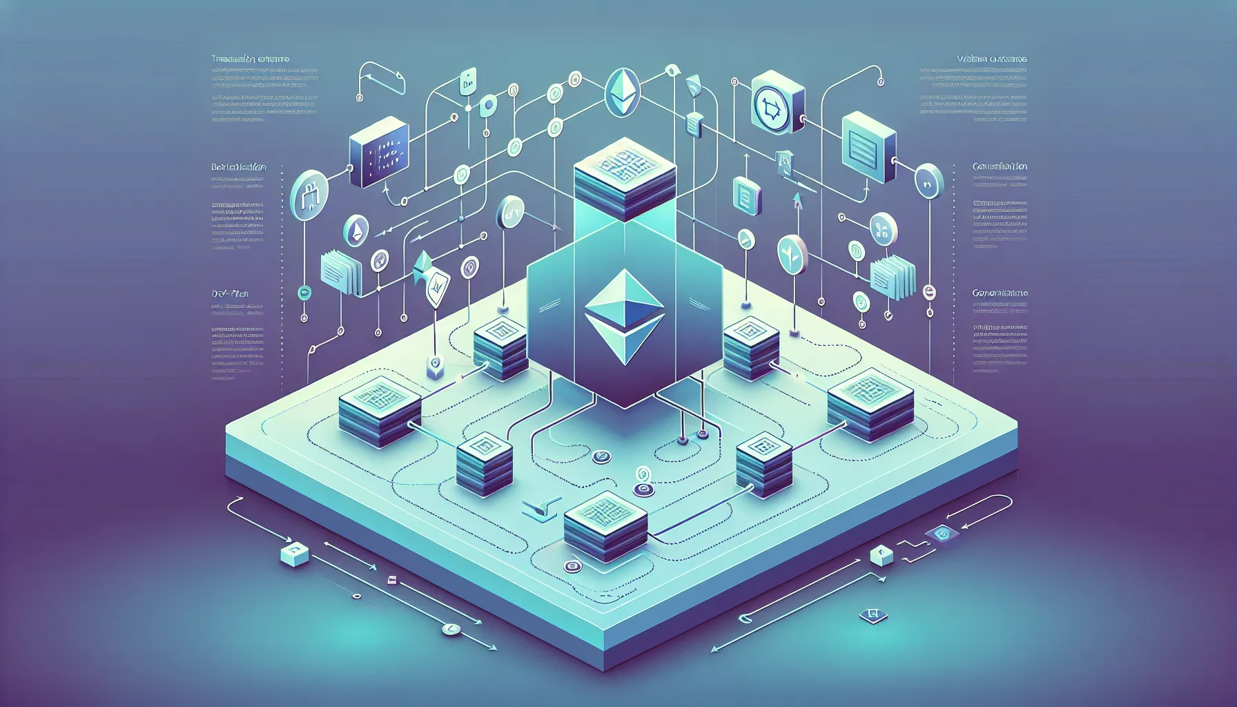 Infographic showing Ethereum's blockchain network, smart contract execution, and decentralized application ecosystem.