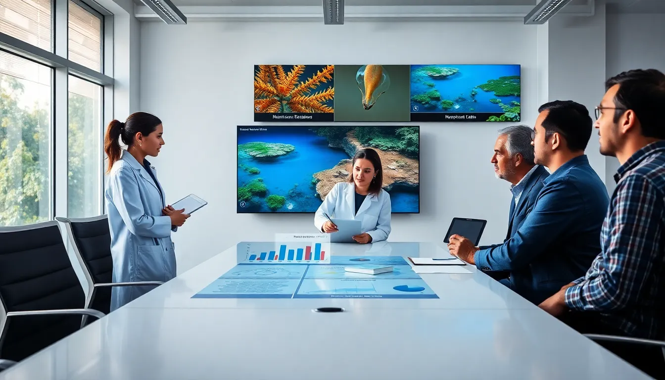environmental scientists discussing eutrophication in a modern lab.