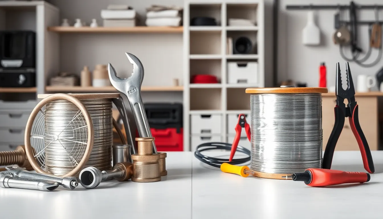 workspace showing plumbing and electrical solder with tools.