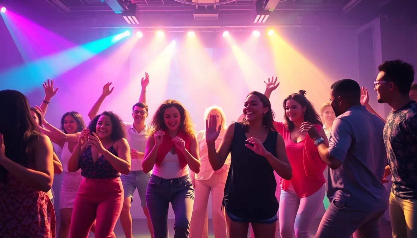 diverse crowd dancing in a modern nightclub with vibrant lights.