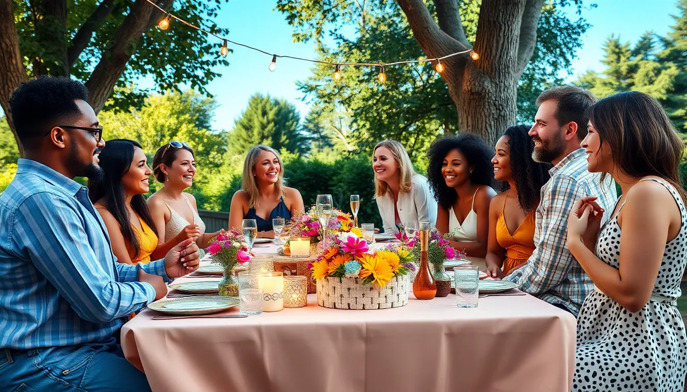 diverse group celebrating around a beautifully set outdoor table.