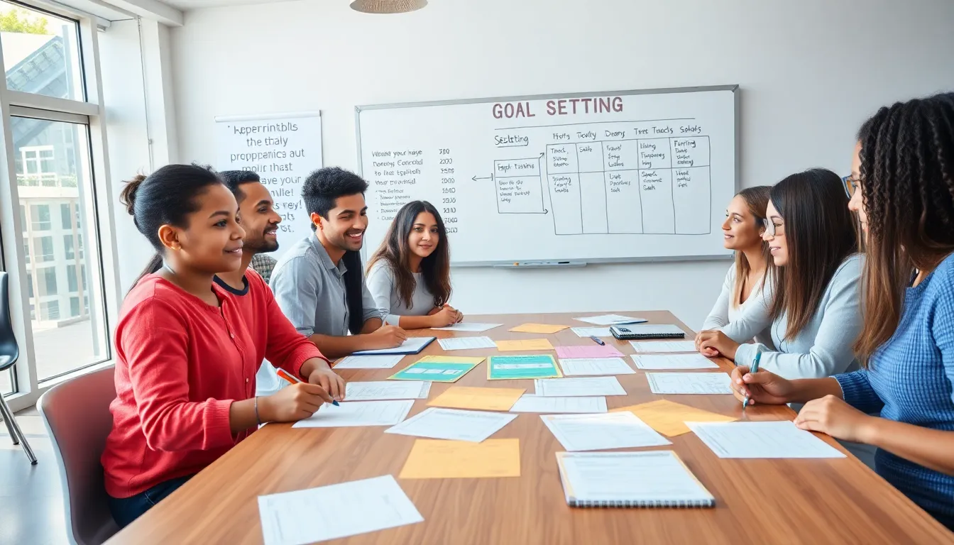 diverse students engaged in goal-setting activities in a classroom.