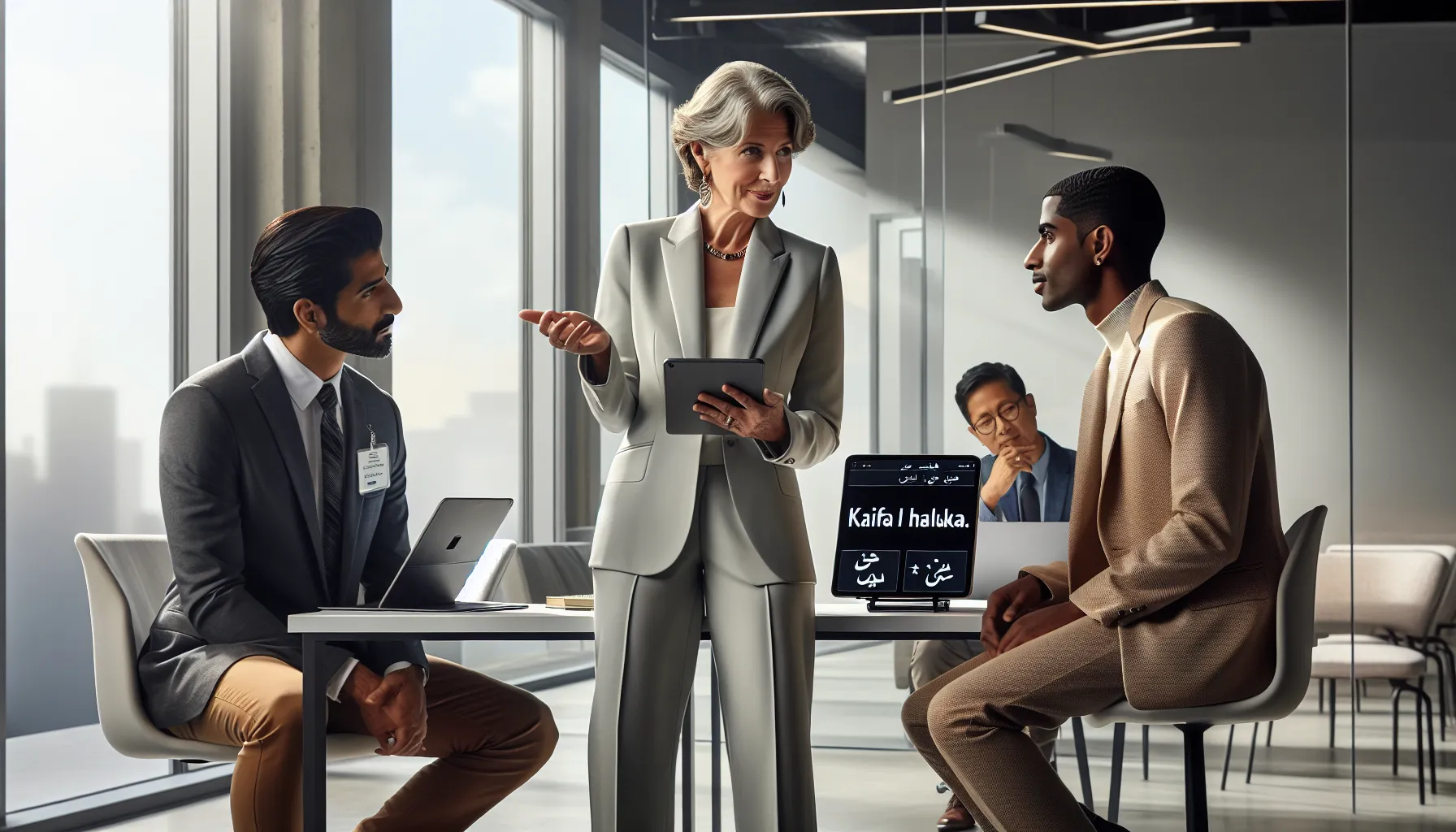 diverse team discussing the meaning of 'Kaifa Haluka' in an office.