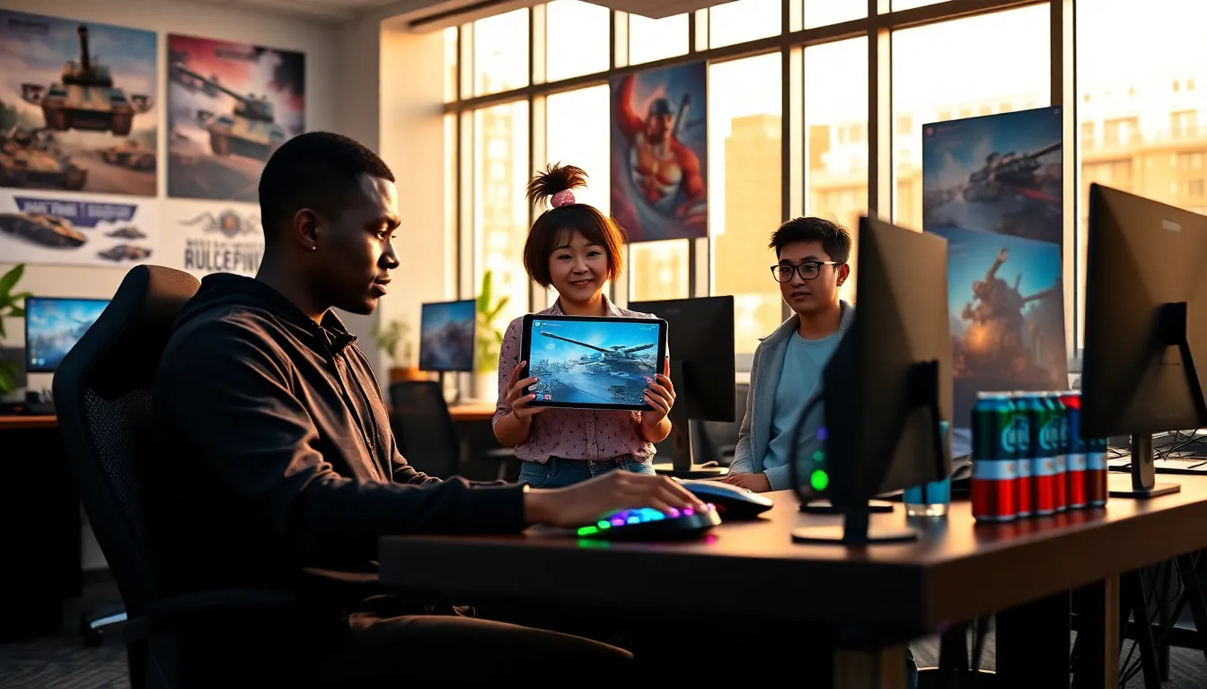 a team collaborating on game design in a bright office space.
