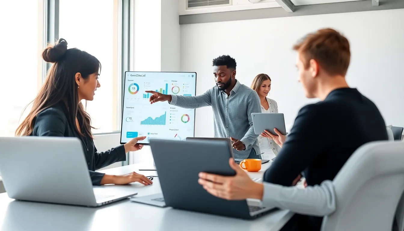 diverse team collaborating on social media management software.