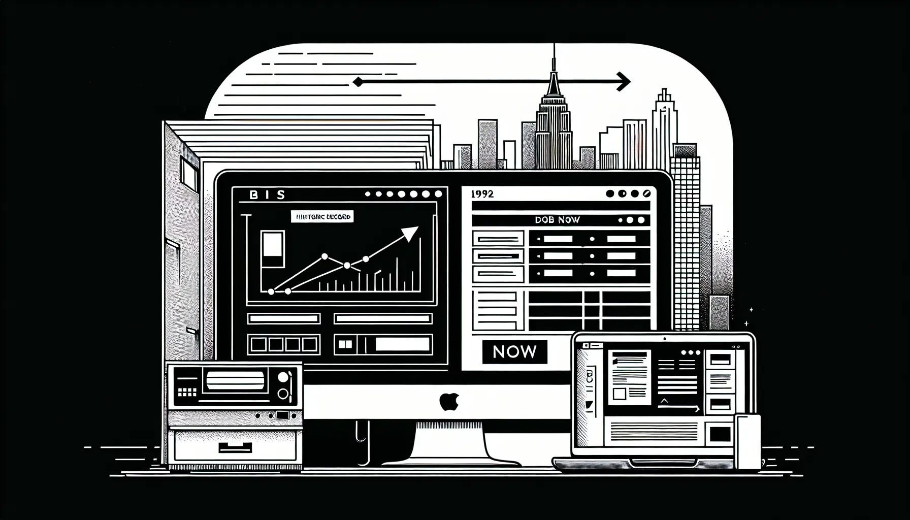 Line art of old BIS system and new DOB NOW portal for NYC building records.