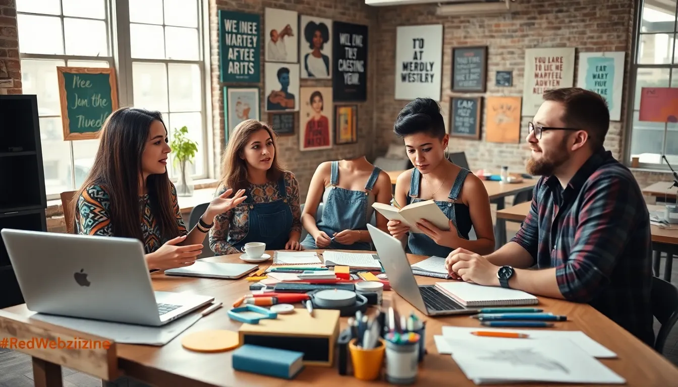 A diverse group of young creatives collaborating in a vibrant co-working space.