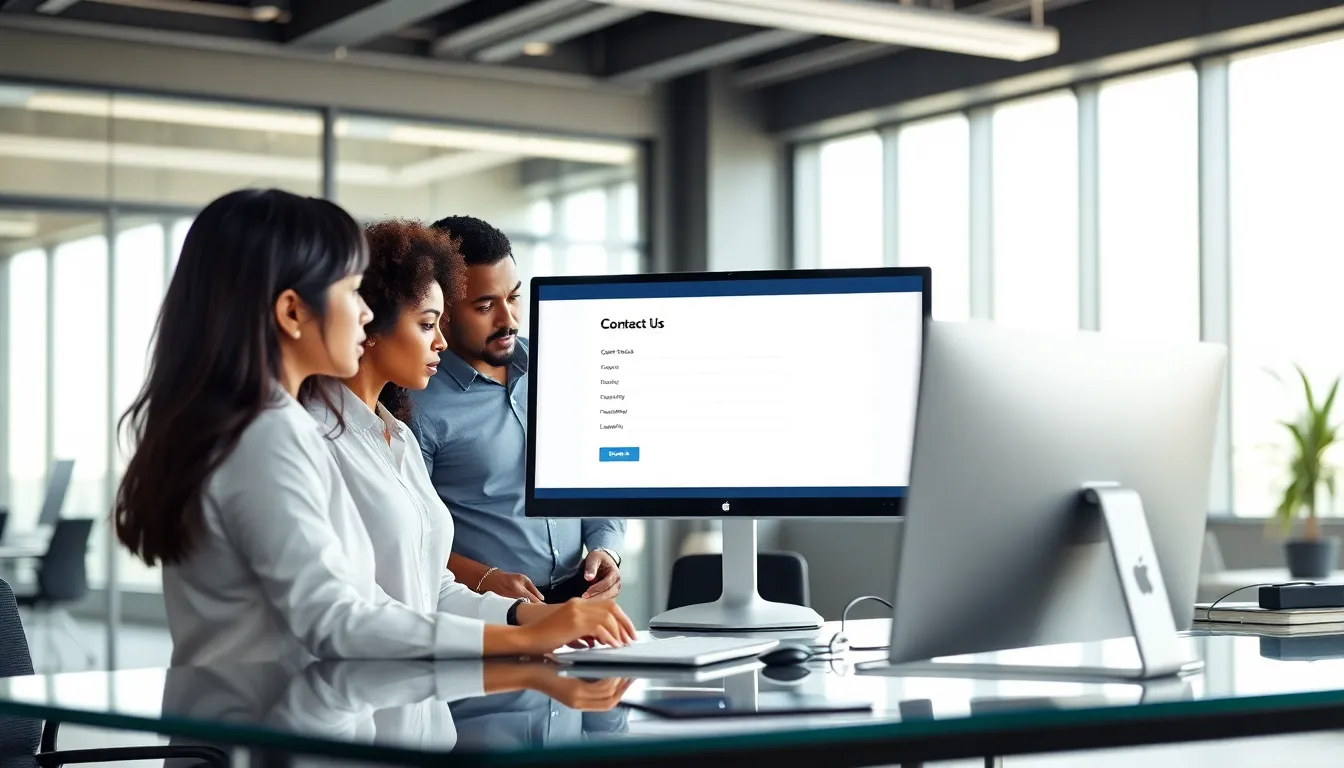 diverse professionals collaborating over a contact us form.