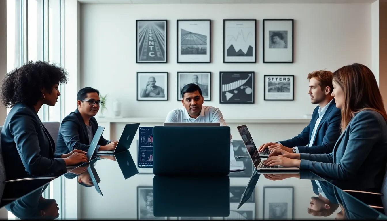 a diverse team discussing the impact of .com domains in a modern office.