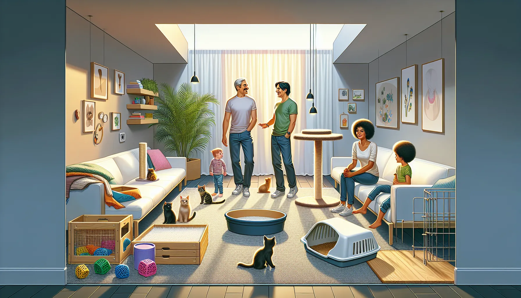 prepared living room for a new kitten with supplies and family members.