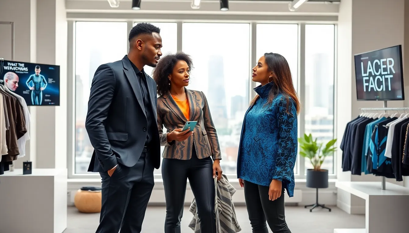 team showcasing innovative wearable fashion in a modern studio.