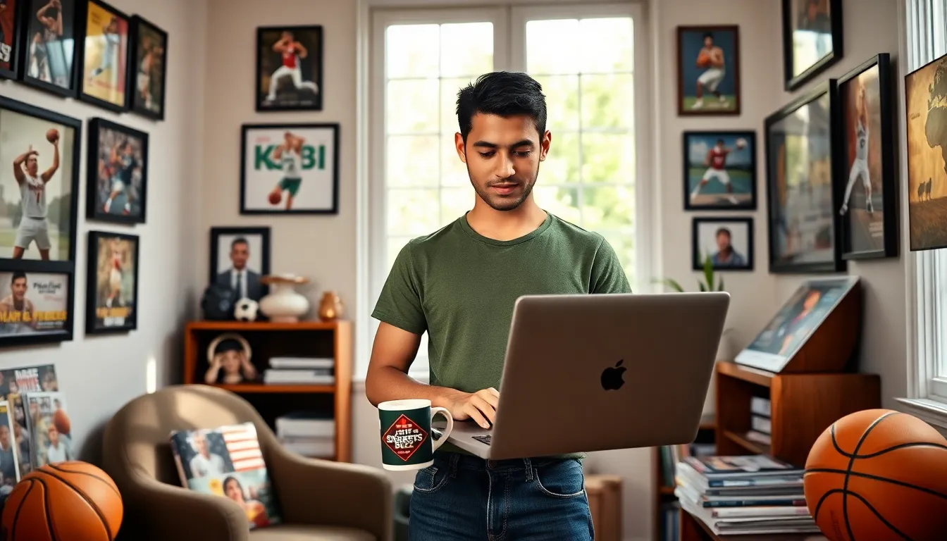 a young sports journalist working in a sunlit home office.