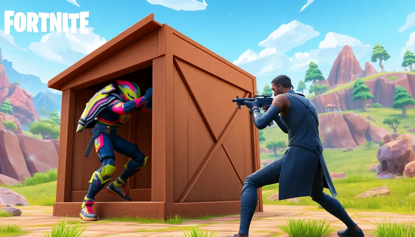 two Fortnite characters in a tactical box fight.