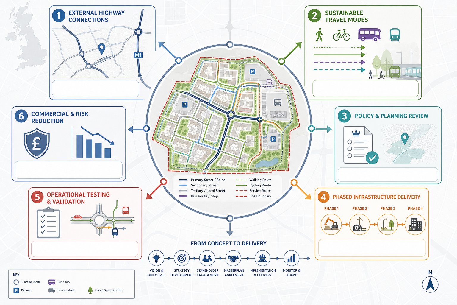 Infographic of a site traffic strategy linking access, travel modes, policy, and delivery.
