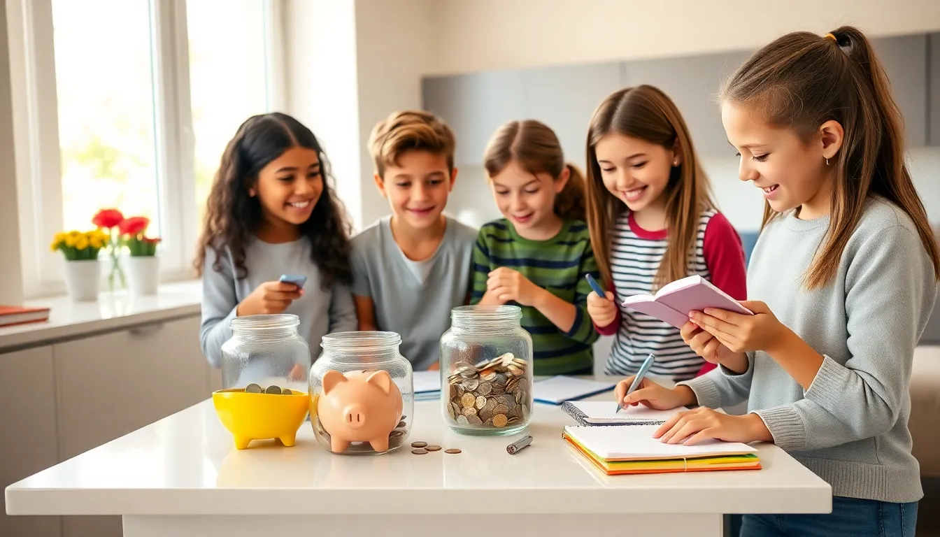 Children discussing saving goals around a kitchen table.