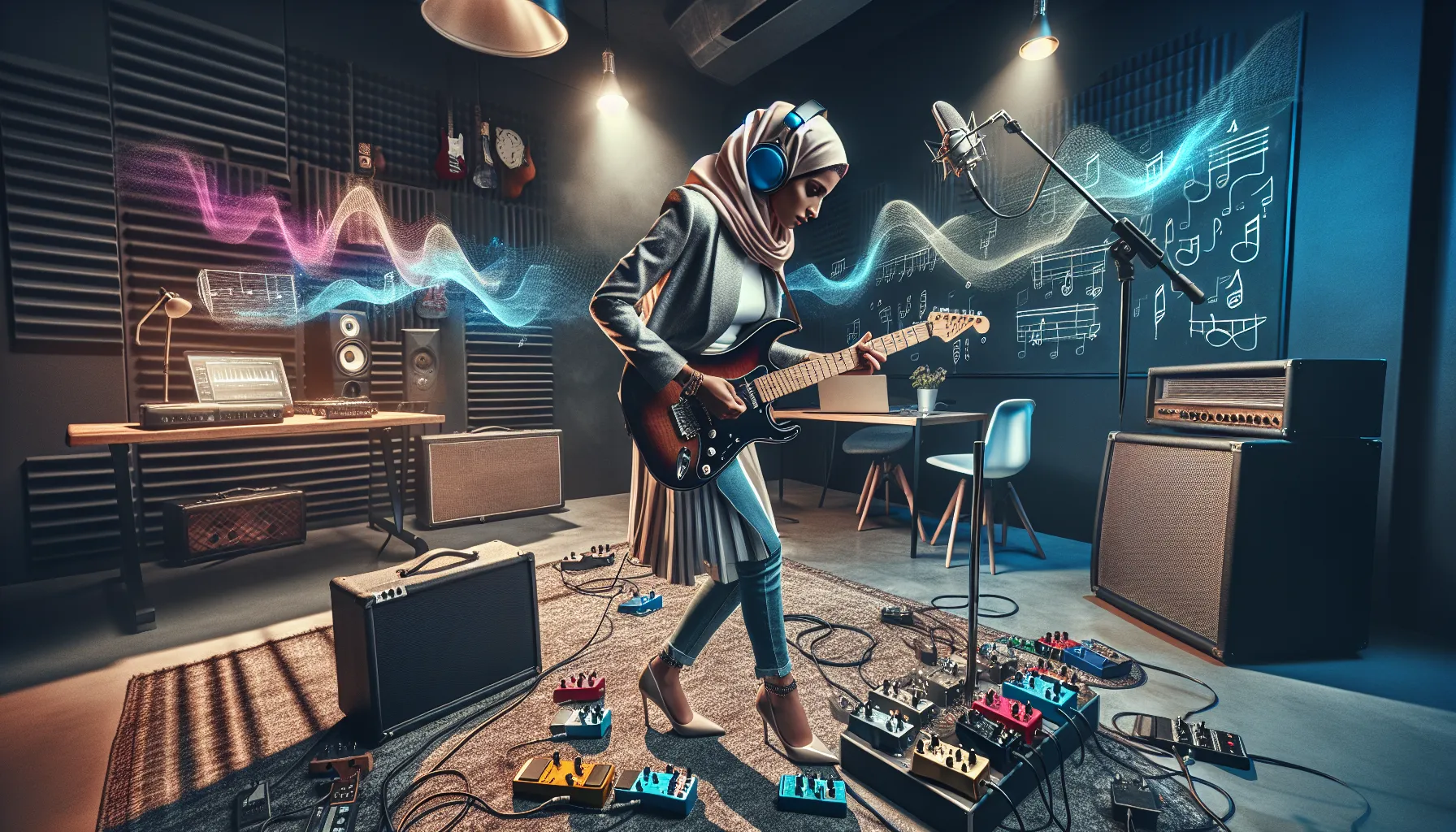 guitarist creating music in a modern studio setting.