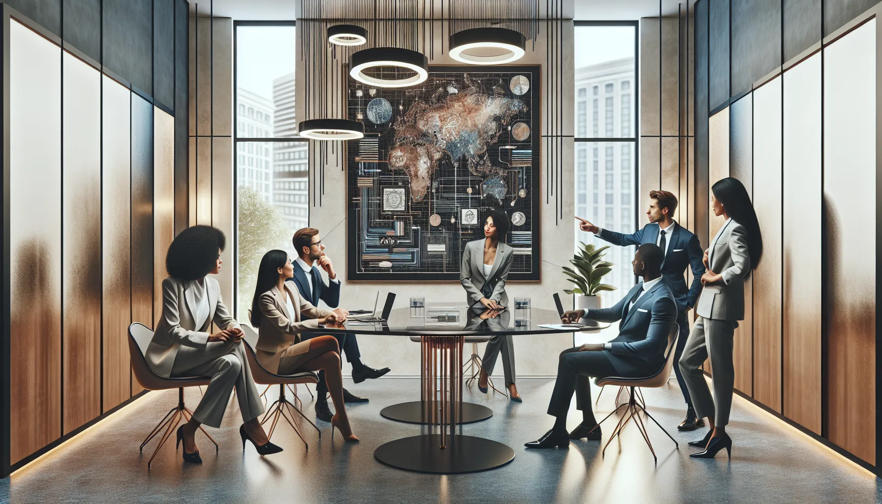 diverse professionals discussing language evolution in a modern office.