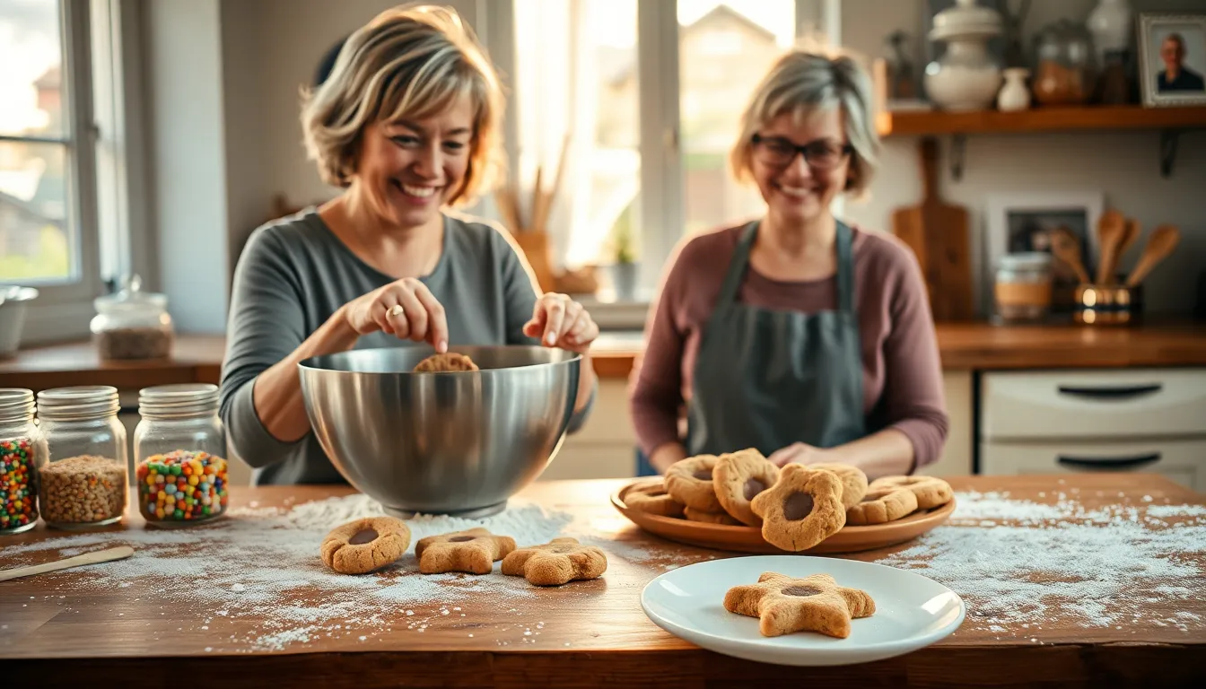 a baker creating cookies in a cozy kitchen.