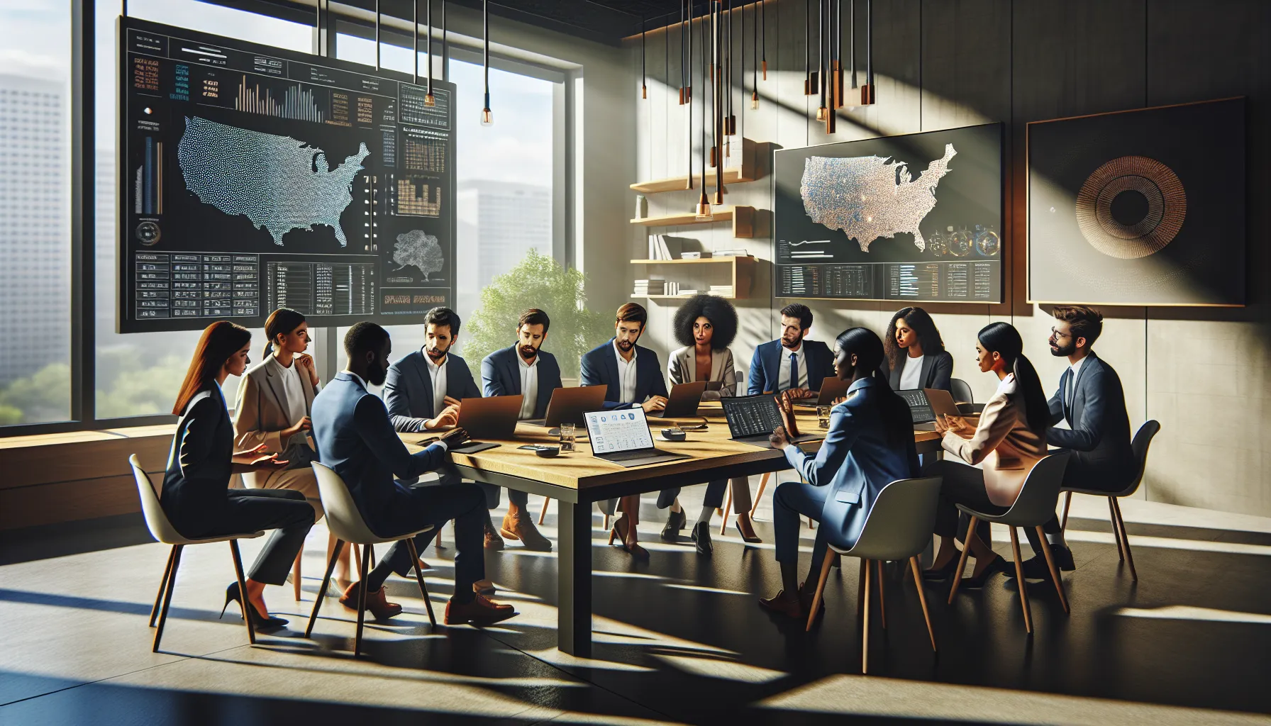 professionals discussing telecommunications and number formats in a modern office.