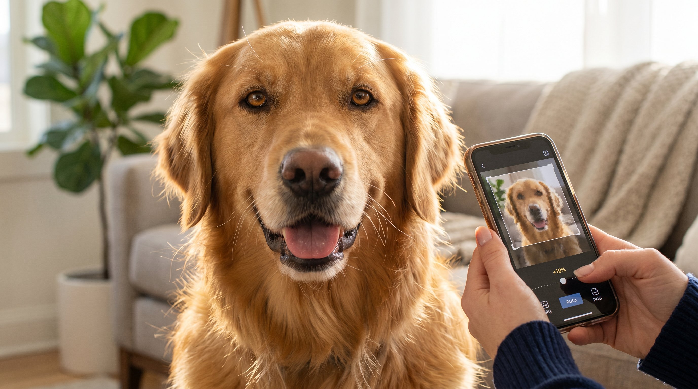 Golden retriever portrait being cropped and adjusted on a smartphone for pixel art.