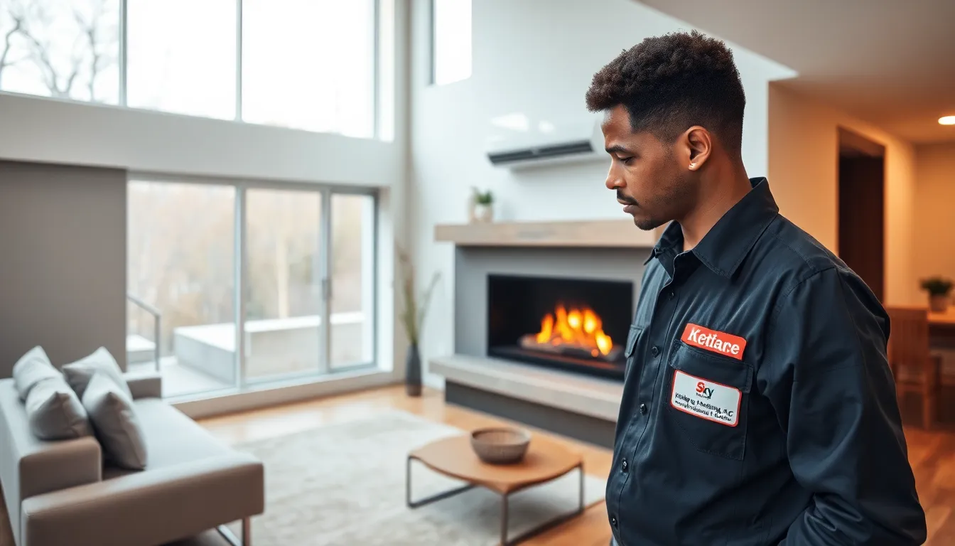 technician inspecting a heat pump in a modern living room.