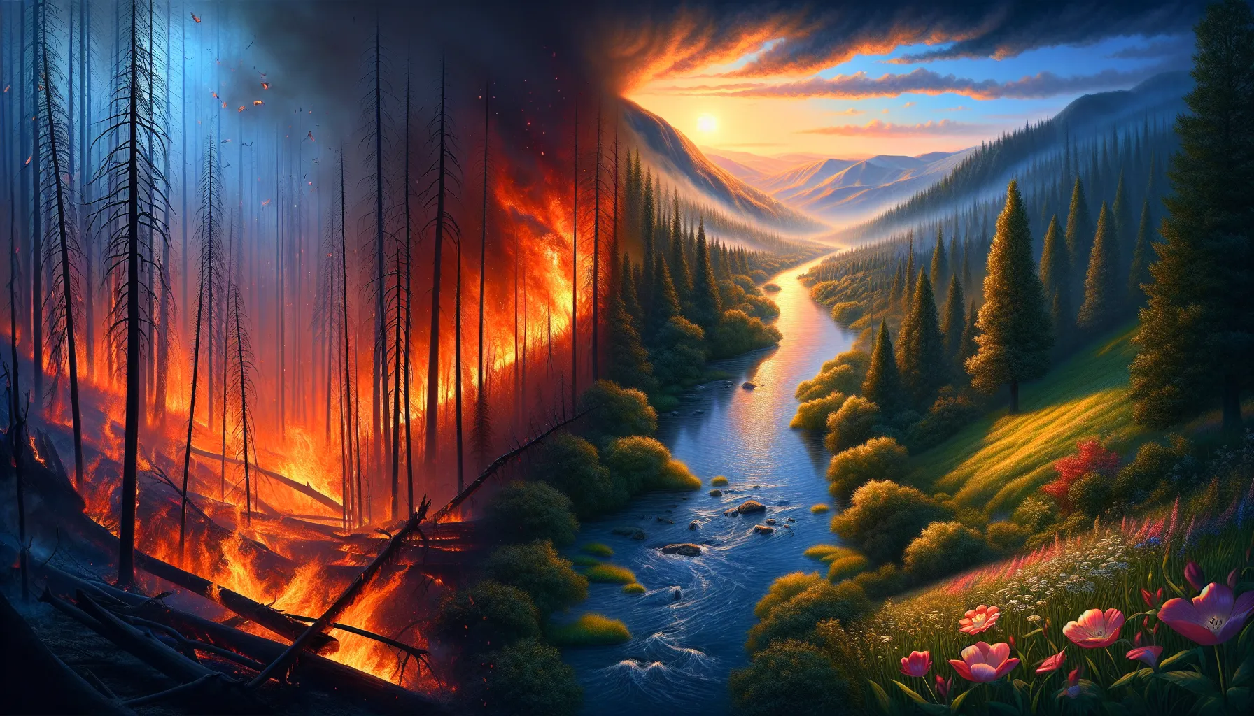 a split-image of a raging wildfire and a tranquil flowing river.