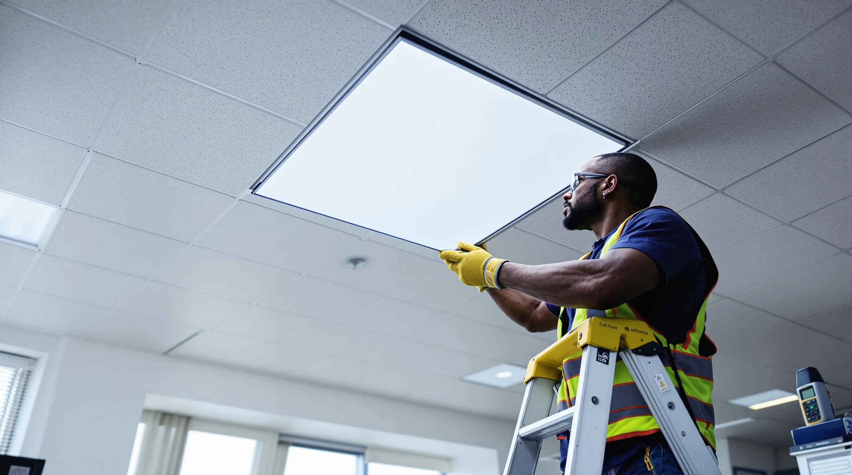 Technician installs a flat-panel light filter to reduce glare in an office.