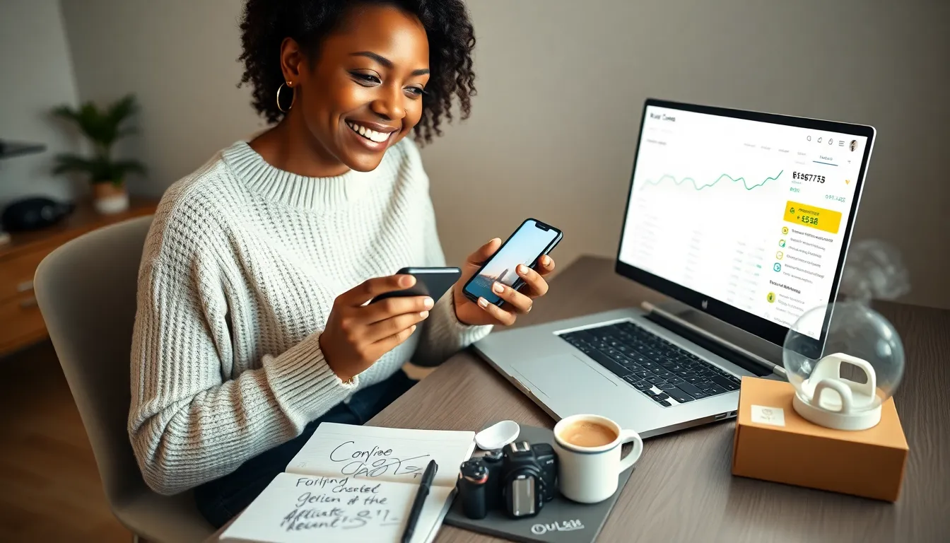Content creator at desk viewing affiliate earnings dashboard on laptop.