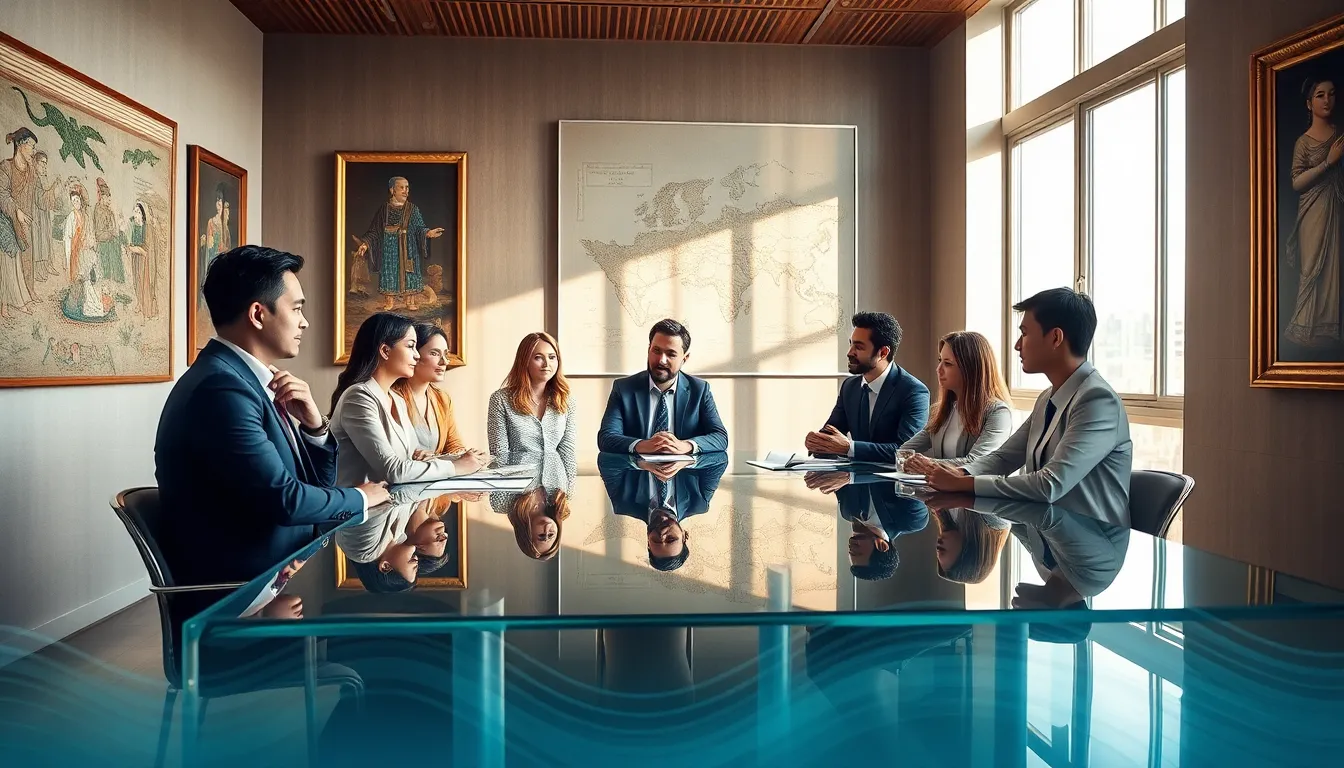 diverse professionals discussing the significance of a cultural term in a modern office.